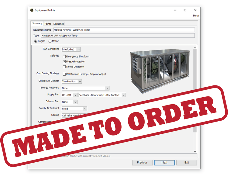 Graphic showing an order for a piece HVAC equipment with orderable options