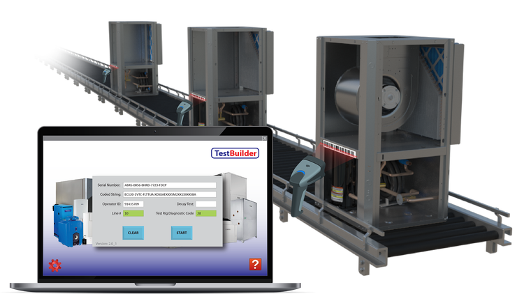 TestBuilder on a laptop next to a production line of HVAC equipment with a barcode scanner