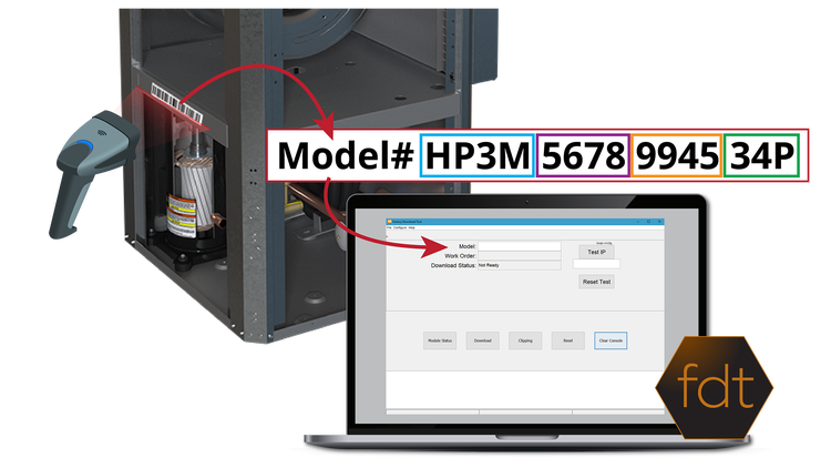 Graphic of Factory Download Tool on a laptop parsing a model number on the outside of HVAC equipment scanned with a barcode